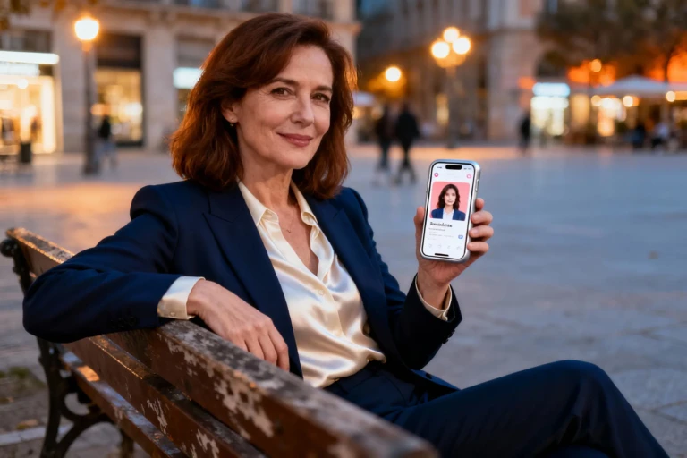 Femme moderne testant appli Badoo dating sur smartphone en ville, avis 2025 fiable