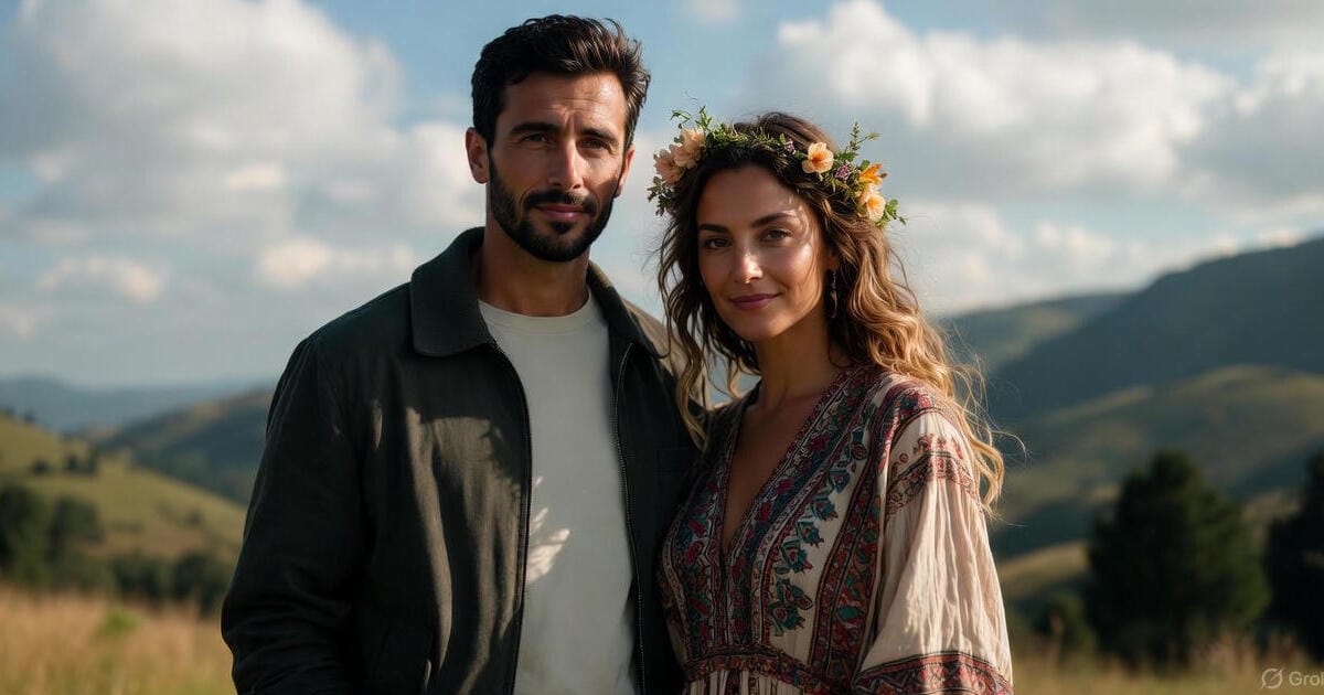 Couple en reconnexion amoureuse se regardant dans les yeux au coucher du soleil, main dans la mai