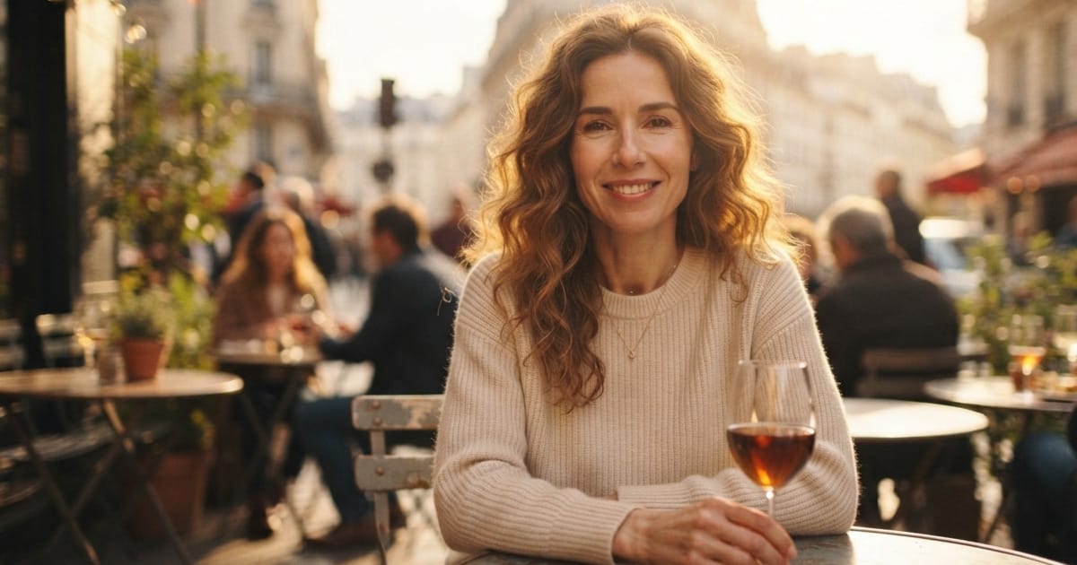 Femme confiante et souriante en terrasse, séduction naturelle et assumée