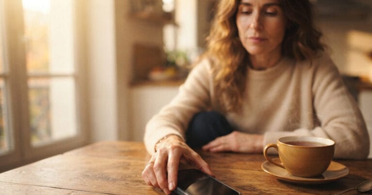 Femme posant son téléphone face cachée, illustration de la règle du no contact